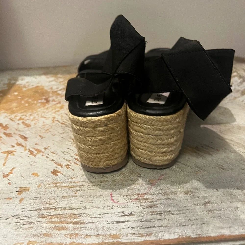 Steve Madden Kacia Black Elastic Espadrille Wedge Sandals Platform KCIK01S1 8.5M